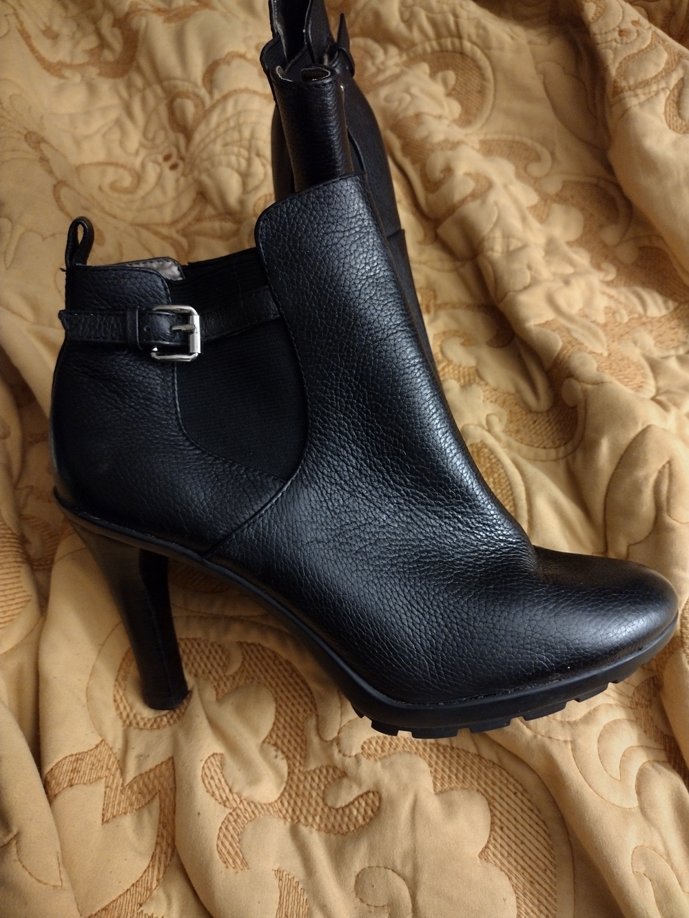 Tahari Black Leather High-Heel Ankle Boots with Buckle